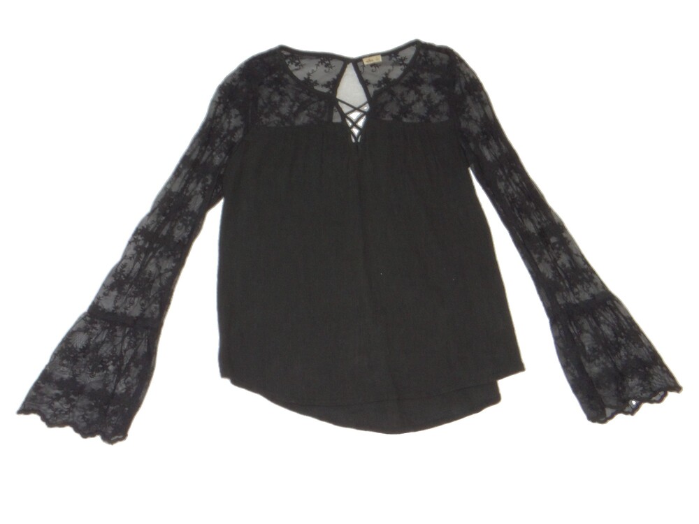 Hollister Black Long Sleeve Blouse Lace Sleeve Lace-up Front Small